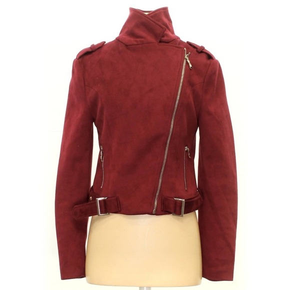 Romeo & Juliet Couture Faux Suede Moto Biker Jacket Medium Burgundy - Picture 3 of 12